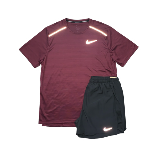 NIKE MILER 1.0 T-SHIRT & CHALLENGER SHORTS (5 INCH BRIEF LINING) - MAROON & BLACK