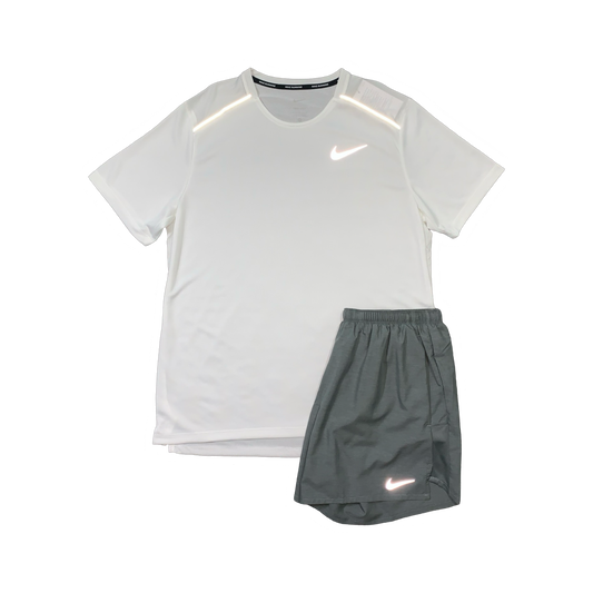 NIKE MILER 1.0 T-SHIRT & CHALLENGER SHORTS (5 INCH BRIEF LINING) - WHITE & GREY