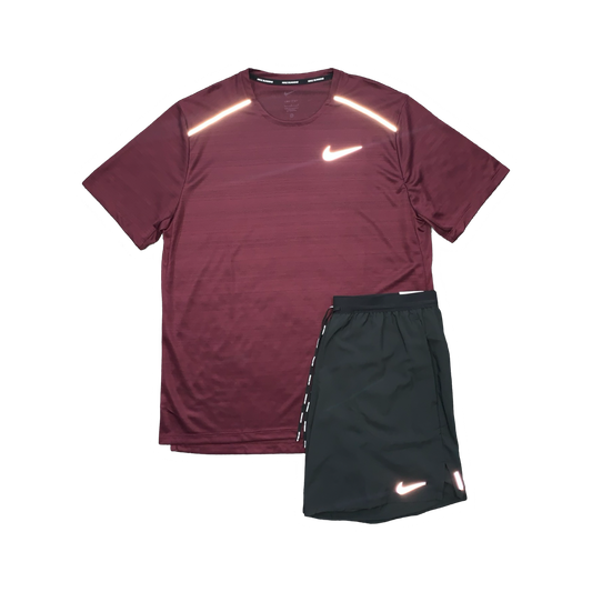 NIKE MILER 1.0 T-SHIRT & FLEX STRIDE SHORTS (7 INCH BRIEF LINING) - MAROON & BLACK