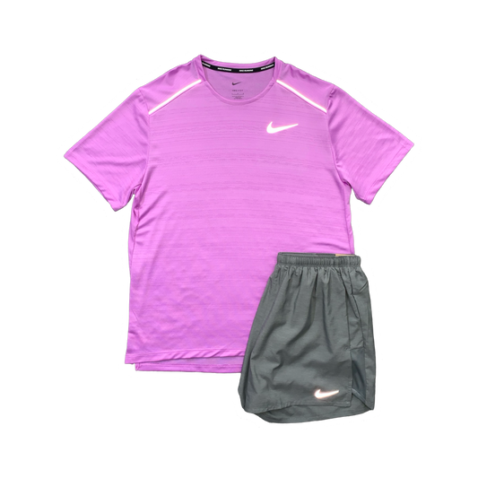 NIKE MILER 1.0 T-SHIRT & CHALLENGER SHORTS (5 INCH BRIEF LINING) - RUSH FUCHSIA & GREY