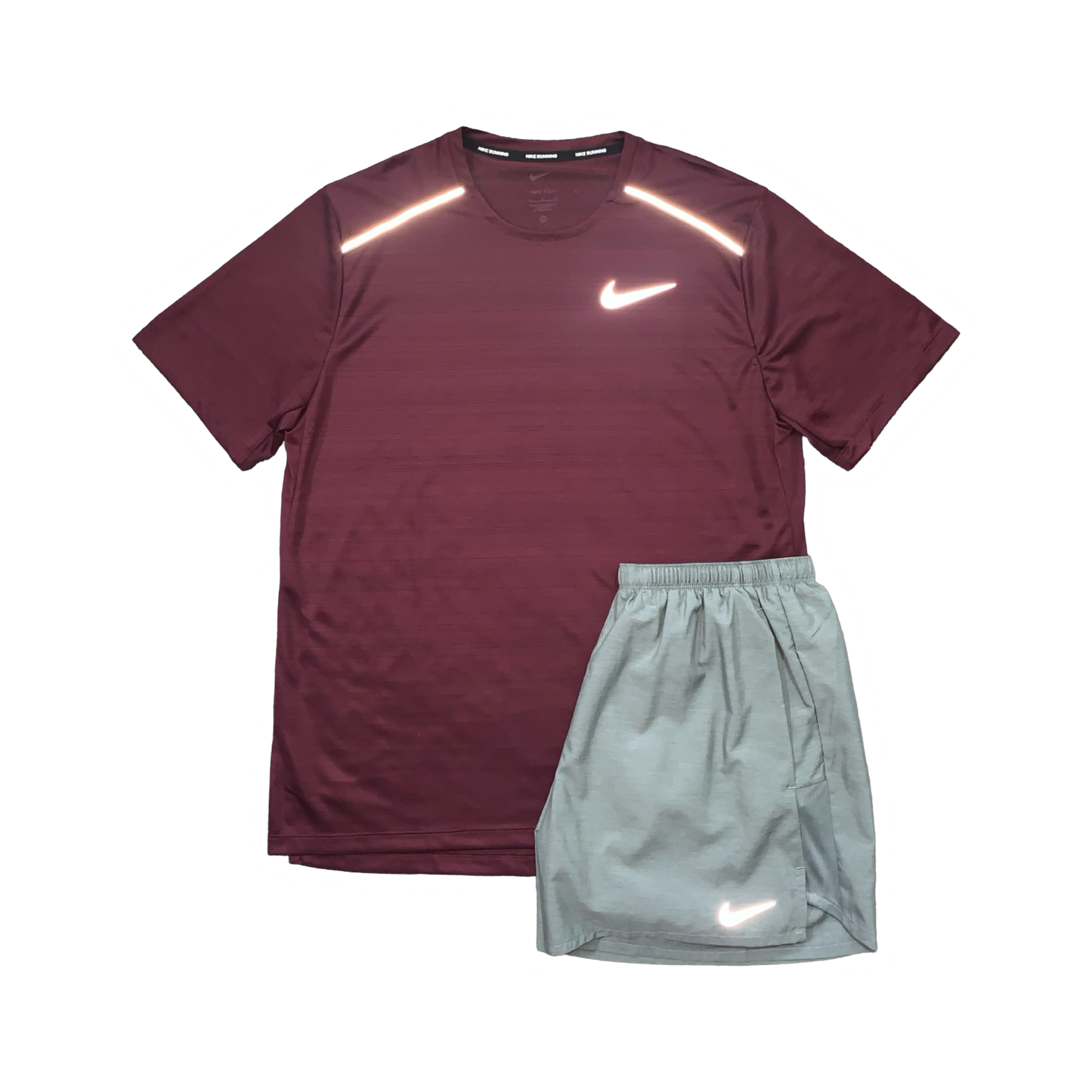 NIKE MILER 1.0 T-SHIRT & CHALLENGER SHORTS (5 INCH BRIEF LINING) - MAROON & GREY