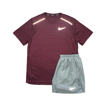 NIKE MILER 1.0 T-SHIRT & CHALLENGER SHORTS (5 INCH BRIEF LINING) - MAROON & GREY