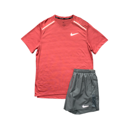 NIKE MILER 1.0 T-SHIRT & CHALLENGER SHORTS (5 INCH BRIEF LINING) - ADOBE & GREY