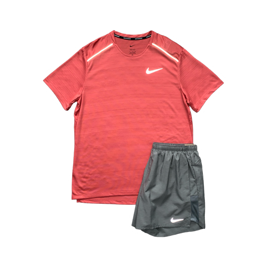 NIKE MILER 1.0 T-SHIRT & CHALLENGER SHORTS (5 INCH BRIEF LINING) - ADOBE & GREY