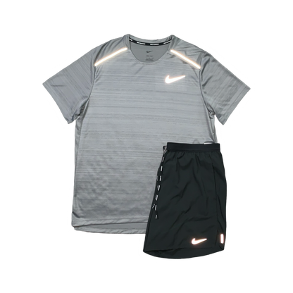 NIKE MILER 1.0 T-SHIRT & FLEX STRIDE SHORTS (7 INCH BRIEF LINING) - GREY & BLACK