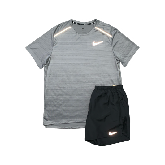 NIKE MILER 1.0 T-SHIRT & CHALLENGER SHORTS (5 INCH BRIEF LINING) - GREY & BLACK