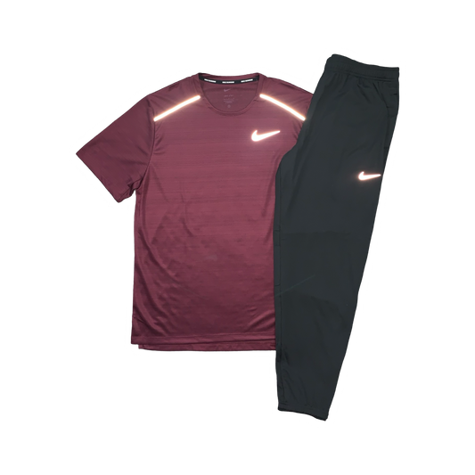 NIKE MILER 1.0 T-SHIRT & CHALLENGER PANTS - MAROON & BLACK