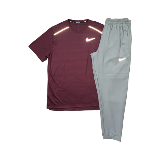 NIKE MILER 1.0 T-SHIRT & CHALLENGER PANTS - MAROON & GREY