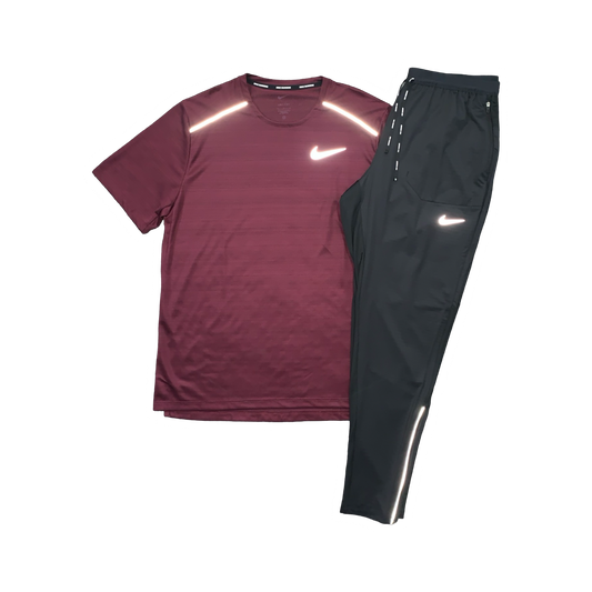 NIKE MILER 1.0 T-SHIRT & PHENOM ELITE PANTS - MAROON & BLACK