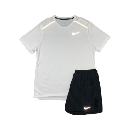 NIKE MILER 1.0 T-SHIRT & CHALLENGER SHORTS (5 INCH BRIEF LINING) - WHITE & BLACK