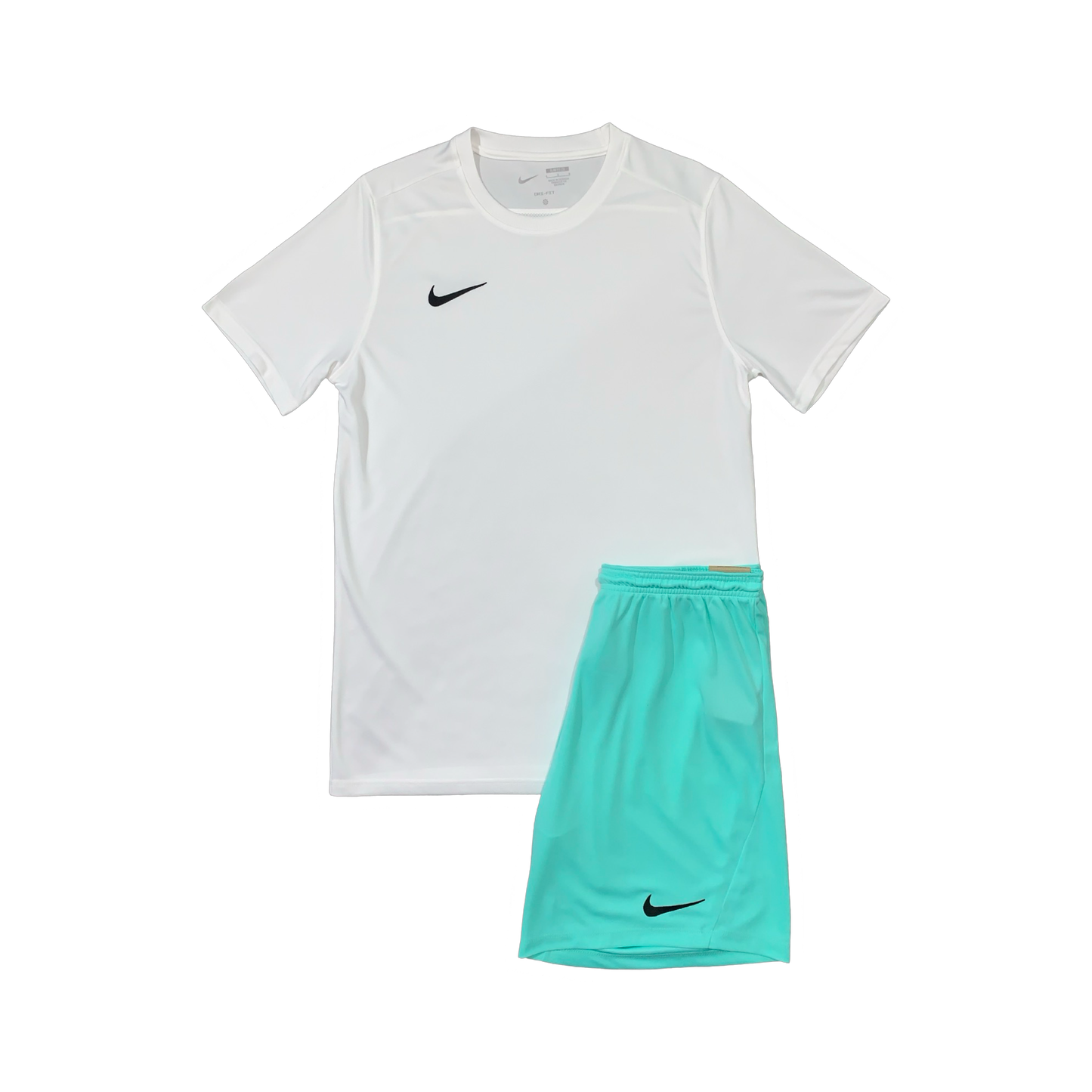 NIKE DRIFIT T-SHIRT & SHORTS - WHITE & HYPER TURQUOISE