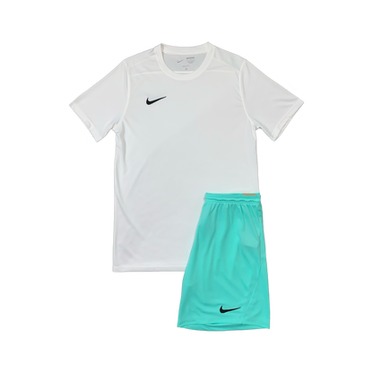 NIKE DRIFIT T-SHIRT & SHORTS - WHITE & HYPER TURQUOISE