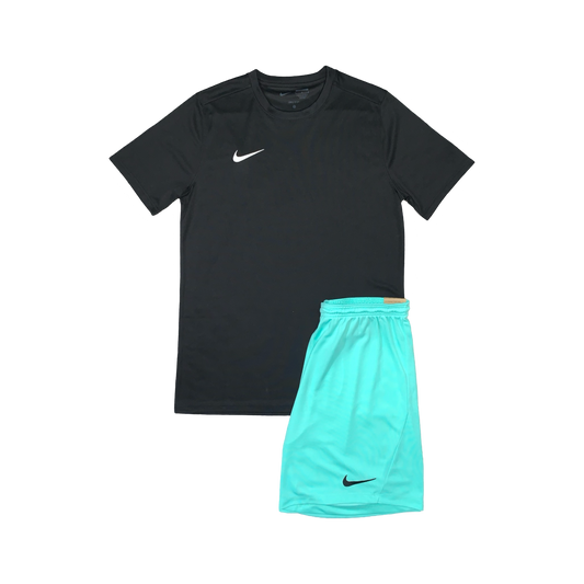 NIKE DRIFIT T-SHIRT & SHORTS - BLACK & HYPER TURQUOISE